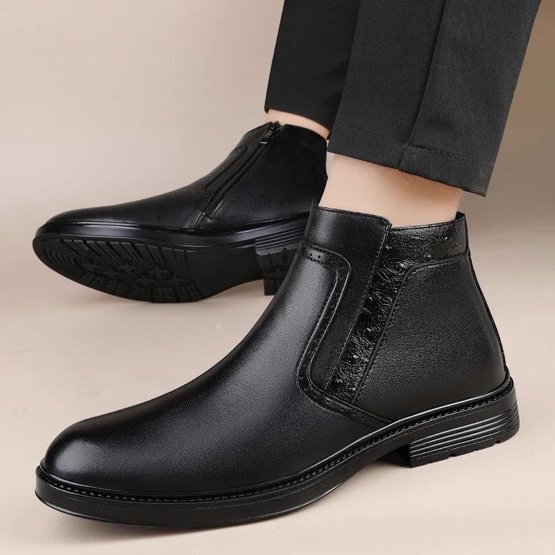 Luxury Brand Men Genuine Leather Boots Winter Short Plush Boots Comfy Classic Round Toe Boots Fashion 2023 Business Casual Boots  Amaijoin