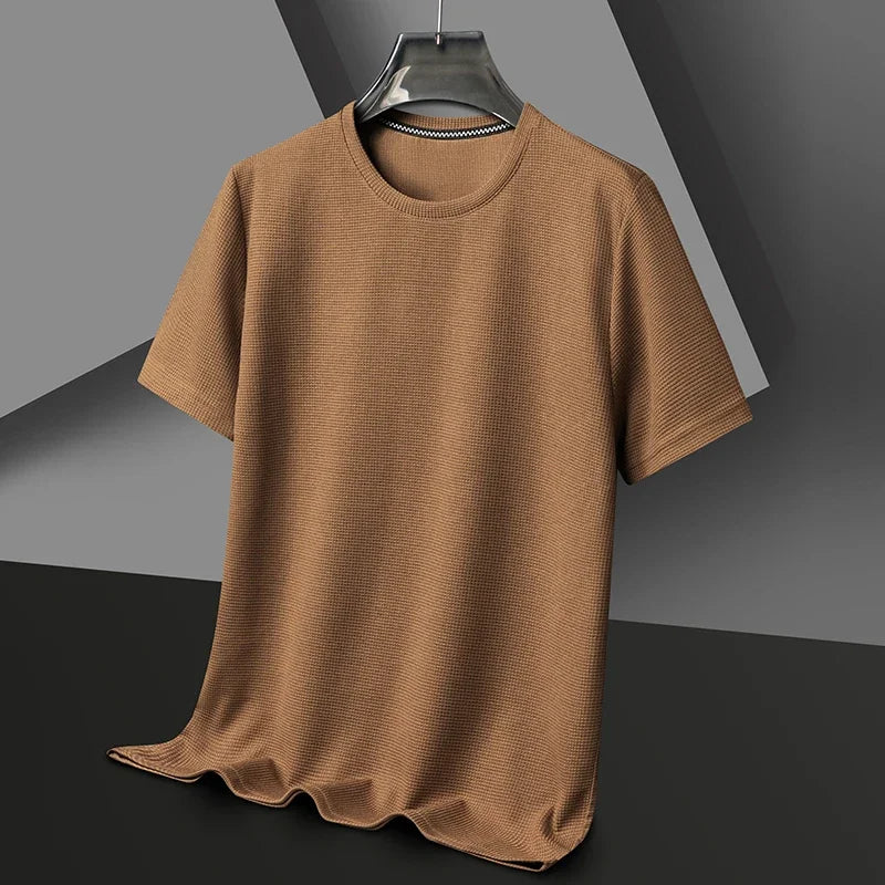 Short sleeved Polo shirShort sleeved Waffle Solid Polot fashion splicing men's round neck top cotton daily short sleeved T-shirt  Amaijoin