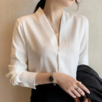 Carregue a imagem no visualizador da Galeria, 2023 Autumn Long Sleeve White Shirt Women Korean Style V-neck Loose Tops Summer Office Lady Solid Chiffon Blouse Female 9382  Amaijoin
