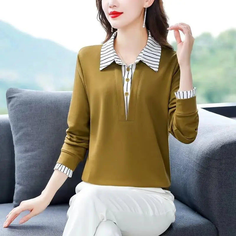 Spring Summer Tee Shirt Women's Clothing Long Sleeve Loose Turn-down Collar Striped Button Patchwork Elegant Fashion Casual Tops  Amaijoin