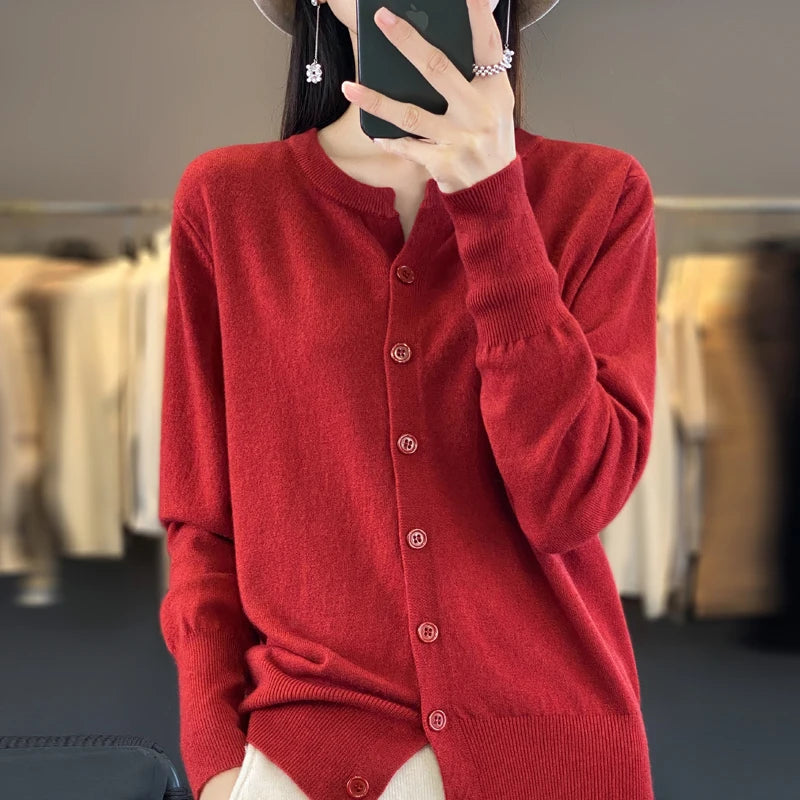 Autumn And Winter New Cashmere Cardigan Women Solid Color Sweater Loose O-Neck Knitted Cashmere Cardigan Sweater Women  Amaijoin