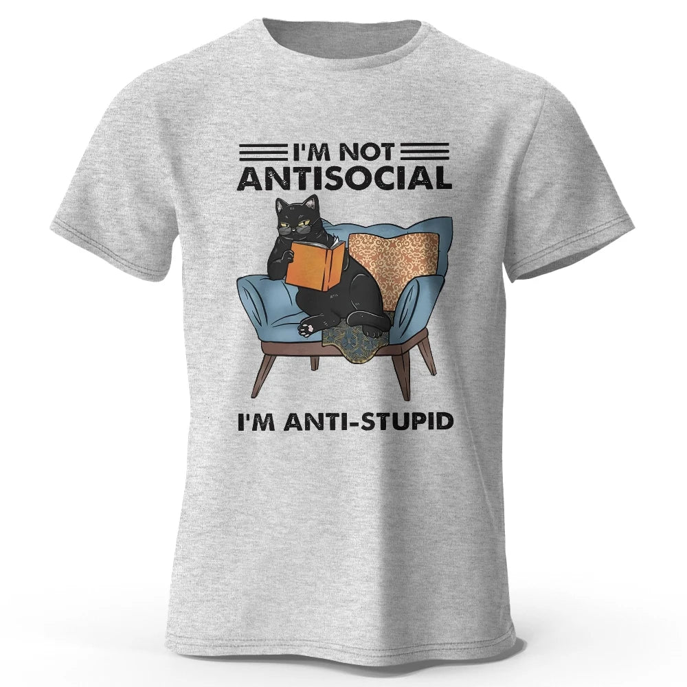 Men's I Am Not Anti Social Printed T-Shirt 100% Cotton Oversized Funny Cat Graphic Tees for Men Women Summer Tops  Amaijoin