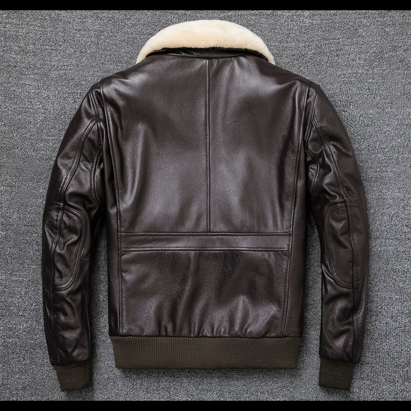 Plus Size Bust 140cm Bomber Men Genuine Leather Jacket Natural Fur Collar Classic Casual G1 Real Cowhide Mens Coat Winter Warm  Amaijoin