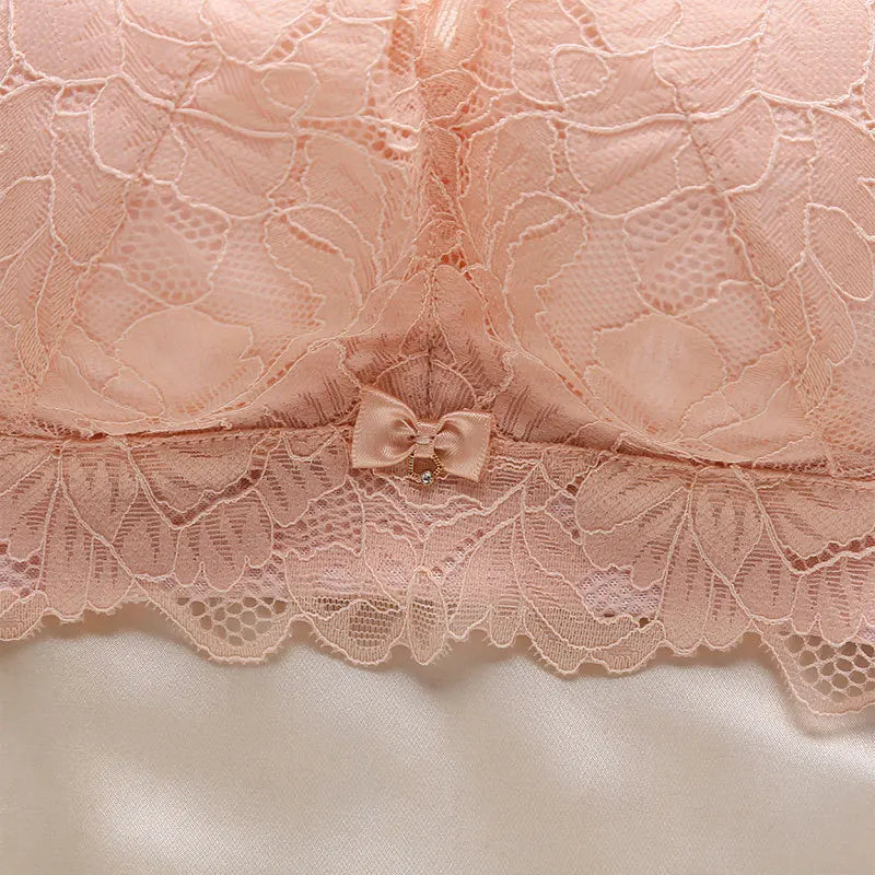 Birdtree Lining 100%Mulberry Silk New Sexy Bra Without Steel Ring Bow Women's Lace Underwear Casual Versatile P39349QM  Amaijoin