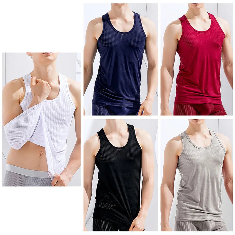 Summer Quick-Drying Thin Breathable Ice Silk Vest Men Tops Sport T Shirts Sleeveless Mesh Hole Tank Tops Gym Clothing Outer Wear  Amaijoin