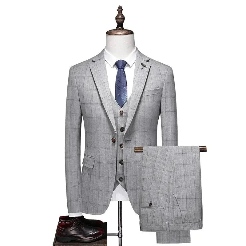 ( Jacket + Vest + Pants ) 2024 New Fashion Boutique Plaid Mens Casual Business Suit Groom Wedding Dress Formal Slim Plaid Suit  Amaijoin