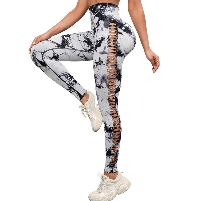 CHRLEISURE Sexy Hollow Tie Dye Yoga Pant Women Seamless Butt Lift Workout Leggings Gym Athletic Fitness Tights Activewear  Amaijoin