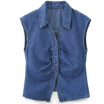 Load image into Gallery viewer, Summer Blue Denim Folds Shirts Women Sleeveless Fashion Single Breasted Tops Blouses  Amaijoin
