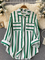 Carregue a imagem no visualizador da Galeria, Fashion Woman Blouse 2023 Medium Length Vertical Stripe Shirt Jacket for Women&#39;s Korean Casual Loose Fitting Elegant Top  Amaijoin
