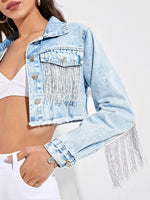 Carregue a imagem no visualizador da Galeria, Women&#39;s Fringe Jacket Tassel Cropped Denim Jacket Raw Hem Ripped Crop Jean Jackets  Amaijoin
