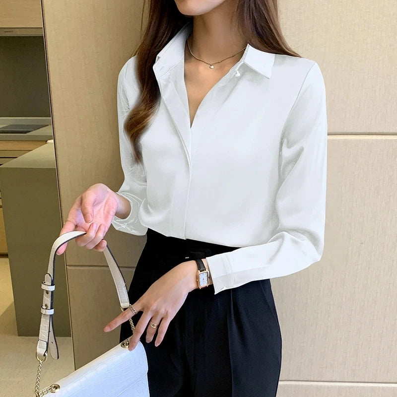 Silk Women's Shirt Long Sleeve Fashion Woman Blouses 2023 Satin Top Female Shirts and Blouse Basic Ladies Tops OL Women Clothing  Amaijoin