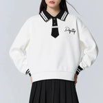 Carregue a imagem no visualizador da Galeria, Semir Sweatshirt Women Polo Collar Letter Art Winter Loose Contrasted Color Temperament Trendy Plus Velvet Pullover  Amaijoin
