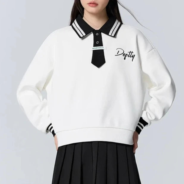 Semir Sweatshirt Women Polo Collar Letter Art Winter Loose Contrasted Color Temperament Trendy Plus Velvet Pullover  Amaijoin