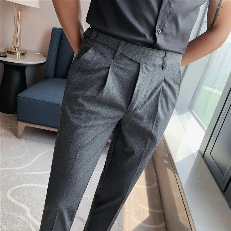 High-quality Belt Design Slim Fit Suit Pants Men Slim Fit Casual Trousers Solid Color Business Dress Pants Wedding Party Costume  Amaijoin