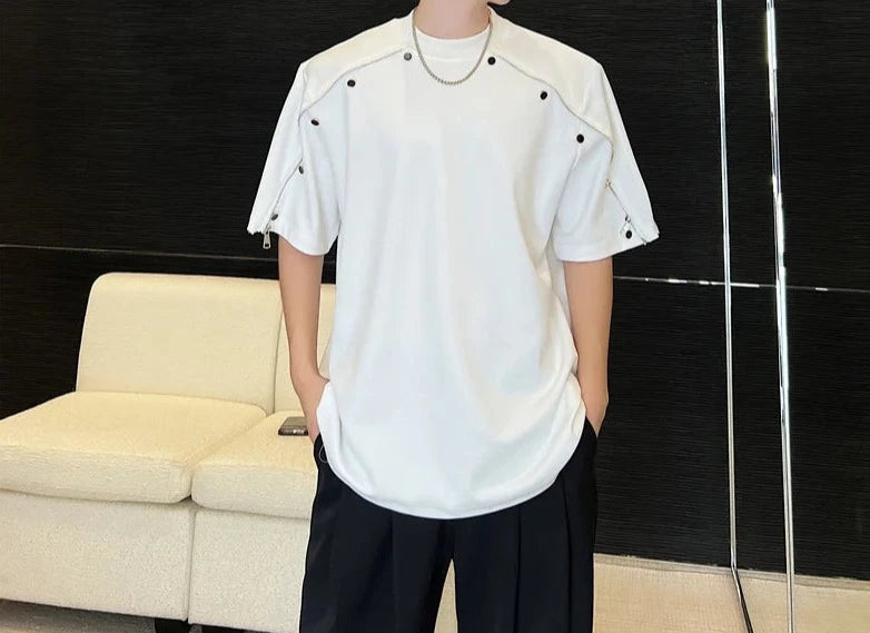 NOYMEI Korean Zipper Design Simple Loose Top Casual Round Neck Short Sleeve T-shirt Men's 2024 Summer New Top Black WA3834  Amaijoin