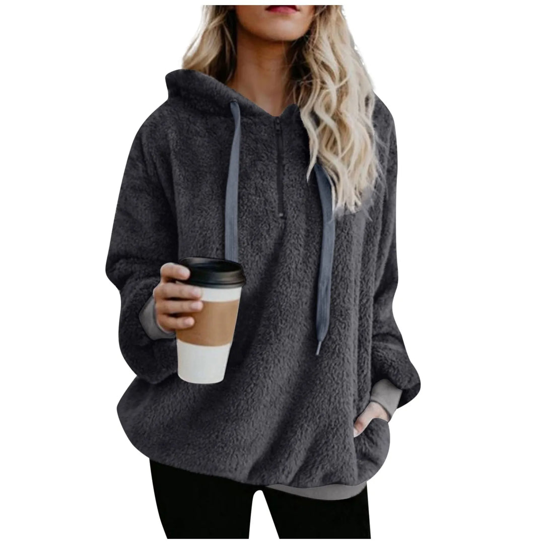 Winter Women Long Sleeve Fleece Hooded Sweatshirt Pullover Warm Jumper Sweaters With 1/4 Zip  Amaijoin