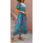 Carregue a imagem no visualizador da Galeria, Bohemian V-Neck Floral Print Dresses Women Summer Casual Short Sleeve Midi Dress Beach Boho Elegant Fashion Long Skirts Female  Amaijoin
