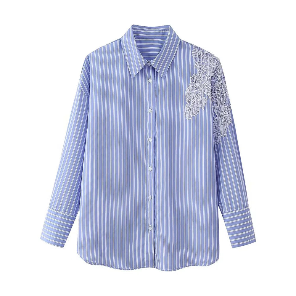 Zach Ailsa 2024 Spring New Product Women's Simple Polo Collar Long sleeved Embroidered Flower Decorative Striped Shirt  Amaijoin