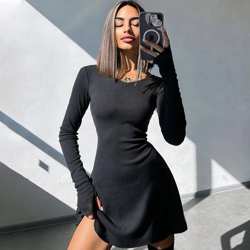 Elegant And Pretty Women Dresses Autumn Winter New Black Sexy Short Dress Female V Neck Long Sleeve Slim Solid Color Mini Dress  Amaijoin