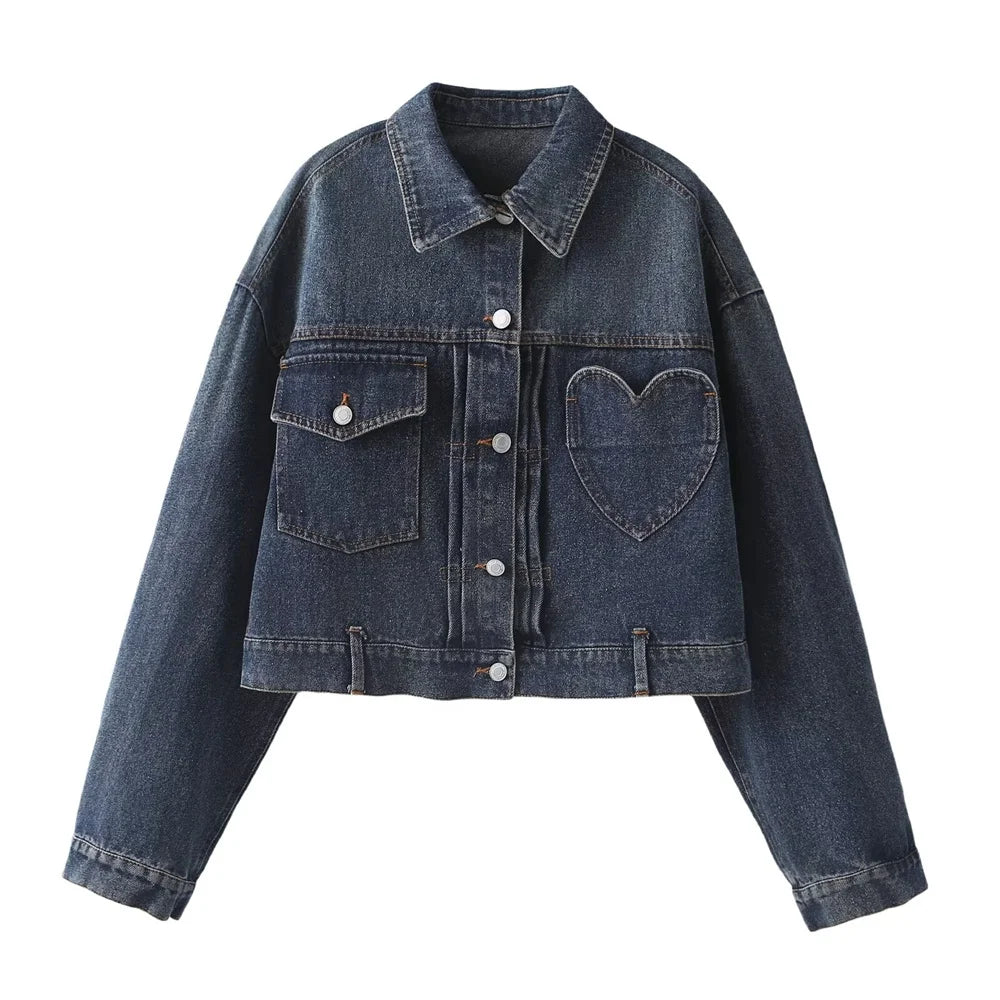 2024ZAR * Spring/Summer New Women's versatile loose and versatile heart-shaped pocket denim jacket jacket  Amaijoin