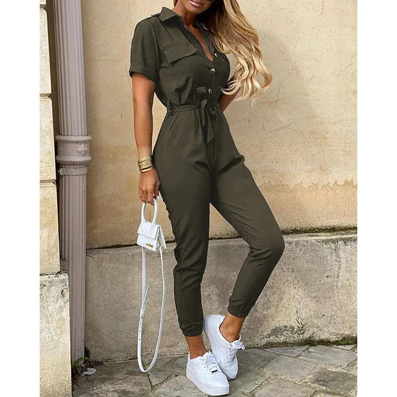 Women's Monochromatic Belt Workwear Jumpsuit, Casual Pants, Flip Collar, Buckle, European and American, Summer, 2023  Amaijoin