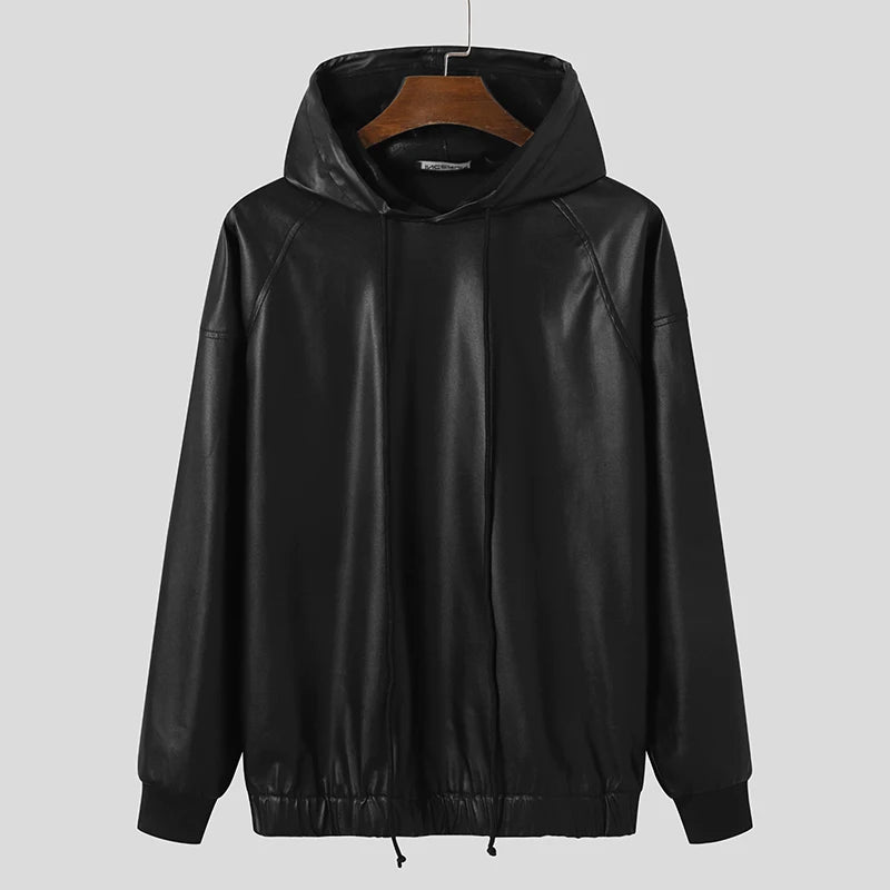 INCERUN 2023 Fashion Men Sweatshirts PU Leather Hooded Long Sleeve Hoodies Streetwear Solid Color Punk Casual Men Pullover 5XL 7  Amaijoin