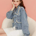 Load image into Gallery viewer, Denim Short Coat Women Lovely Autumn Pearls Buttons Lapel Loose Jacket Korean Fashion Female Casual Light Blue Street Outwear  Amaijoin
