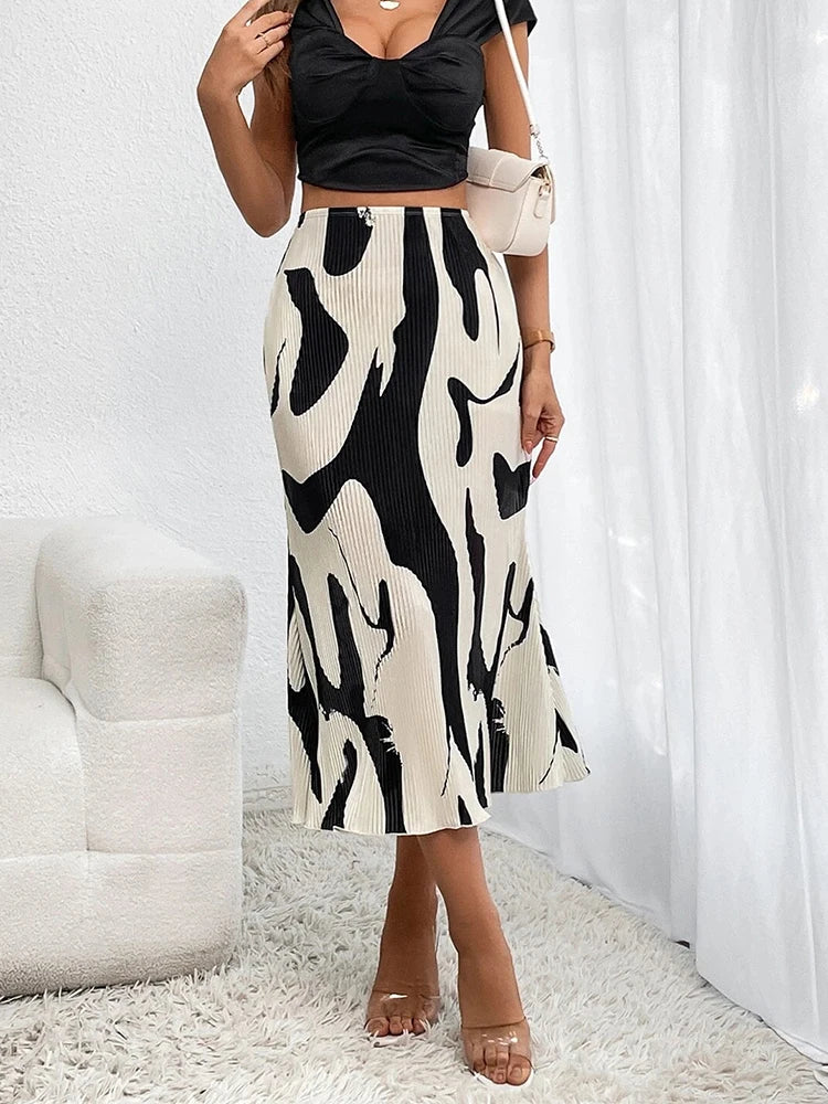 Dressy Casual Graphic Print Pleated Long Skirts Women Autumn Fashion Elastic High Waist Geometry Midi Skirt Streetwear 2023  Amaijoin