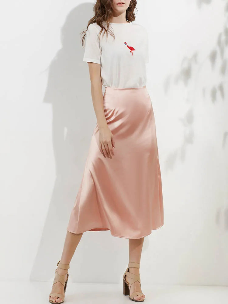 Silk Satin Skirts for Women Korean Style Champagne Office High Waist A-line Skirt Fashion Elegant Solid Long Pencil Skirt 2024  Amaijoin