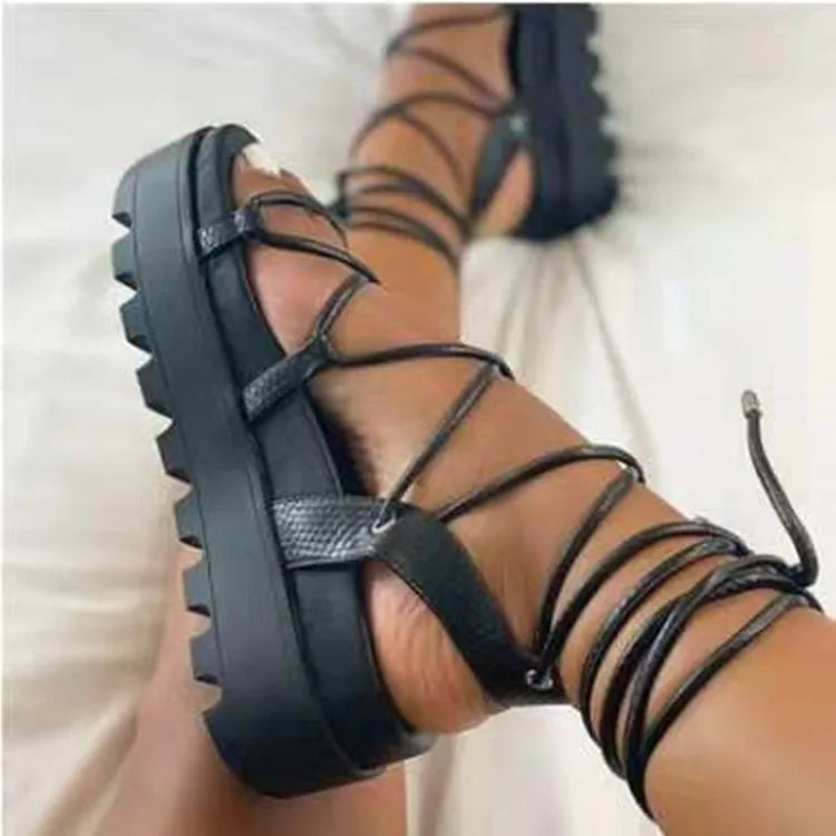 Fashion Woman Gladiator Sandals Ladies Wedge Shoes Female Lace Up Platform Shoes Women Cross Straps Boots Thick Bottom Sandals  Amaijoin