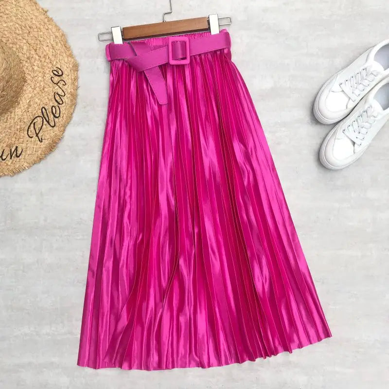 2024 New High Waist Elegant Stain Women's Pleated Skirts with Belted Solid Skirts Mi-long Umbrella Skirt Spring Summer  Amaijoin