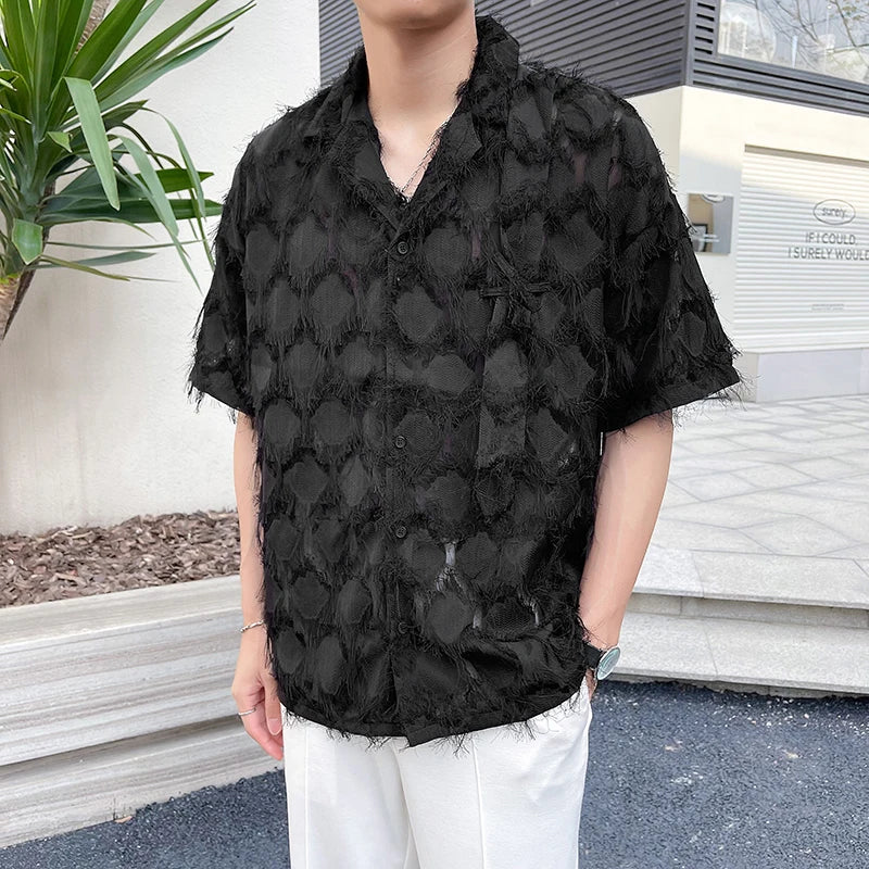 2023 Summer Hollow Out Tassel Shirt Men Short Sleeve Loose Shirts Fashion Social Party Streetwear Oversized Shirts Men Clothing  Amaijoin