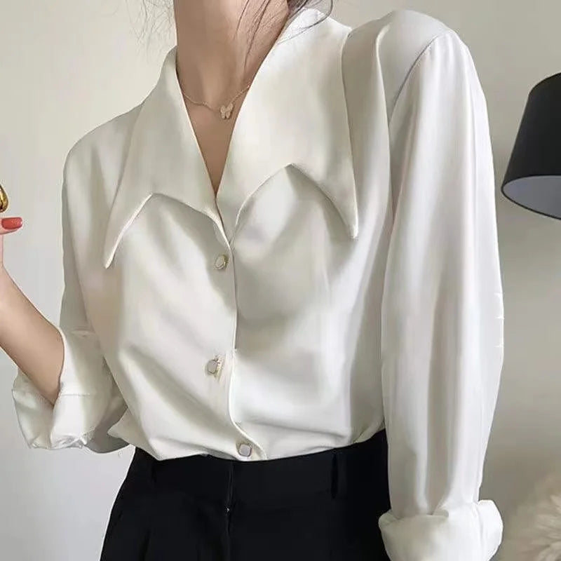 Fashion Turn Down Collar Chiffon White Women Shirt Spring Professional Commuting Formal Tops Elegant Solid Color Blouse  Amaijoin