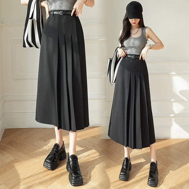 Gray Fashion High Waist A-line Pleated Skirt Women Long Skirts Office Lady Elegant Suit Skirt 2023 New Spring Summer Midi Skirts  Amaijoin