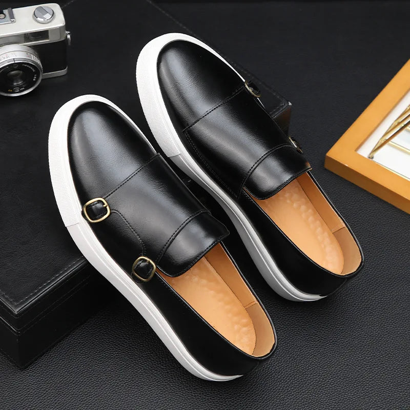 Men's Casual Leather Shoes Men Fashion British Style Loafers Mens Slip-on Outdoor Flats Monk Shoes  Amaijoin