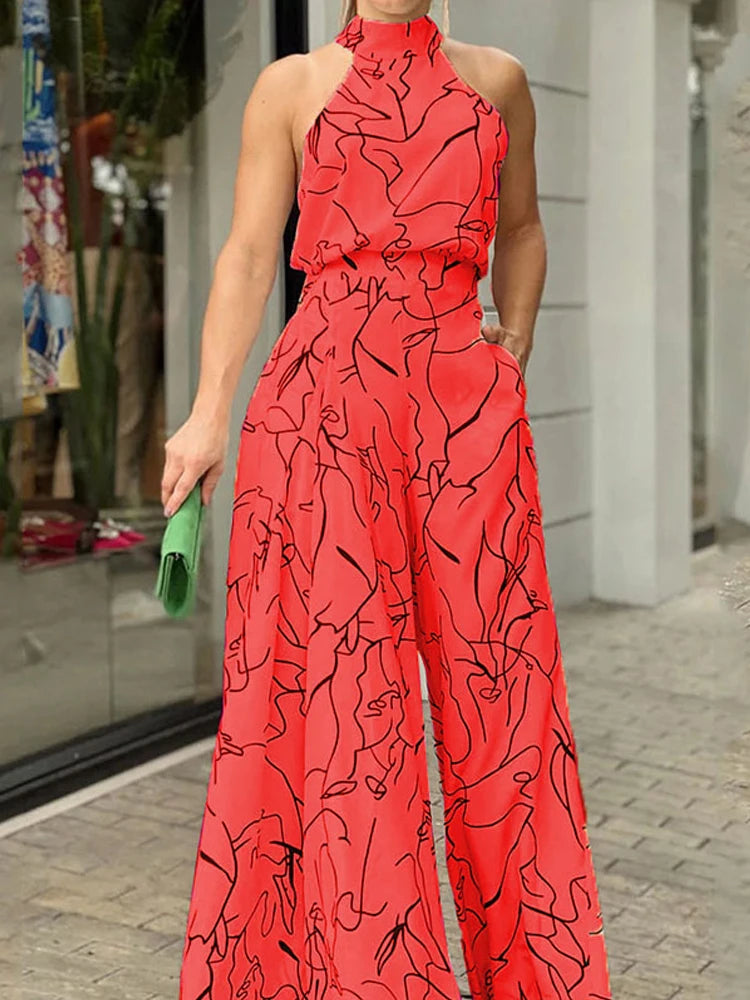 Women's Elegant Waist Halter Jumpsuit Casual Print Tie Sleeveless Wide Leg Long Pant Summer Clothing  Amaijoin