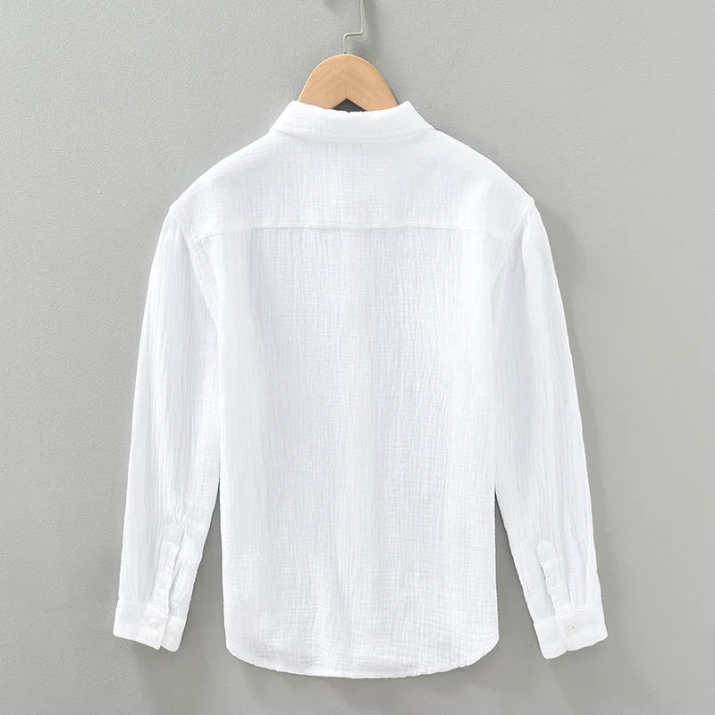 2093 Men's 100% Cotton High Quality Pleated Shirt Japan Style Solid Color Simple Basic Blouse Loose Casual Long Sleeve Tops Male  Amaijoin