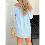 Carregue a imagem no visualizador da Galeria, Fashion Waist Solid Party Dress Summer Sexy Off Shoulder Tassel Denim Dress Lady Slash-neck Short Sleeve Flim Jean Mini Dress  Amaijoin
