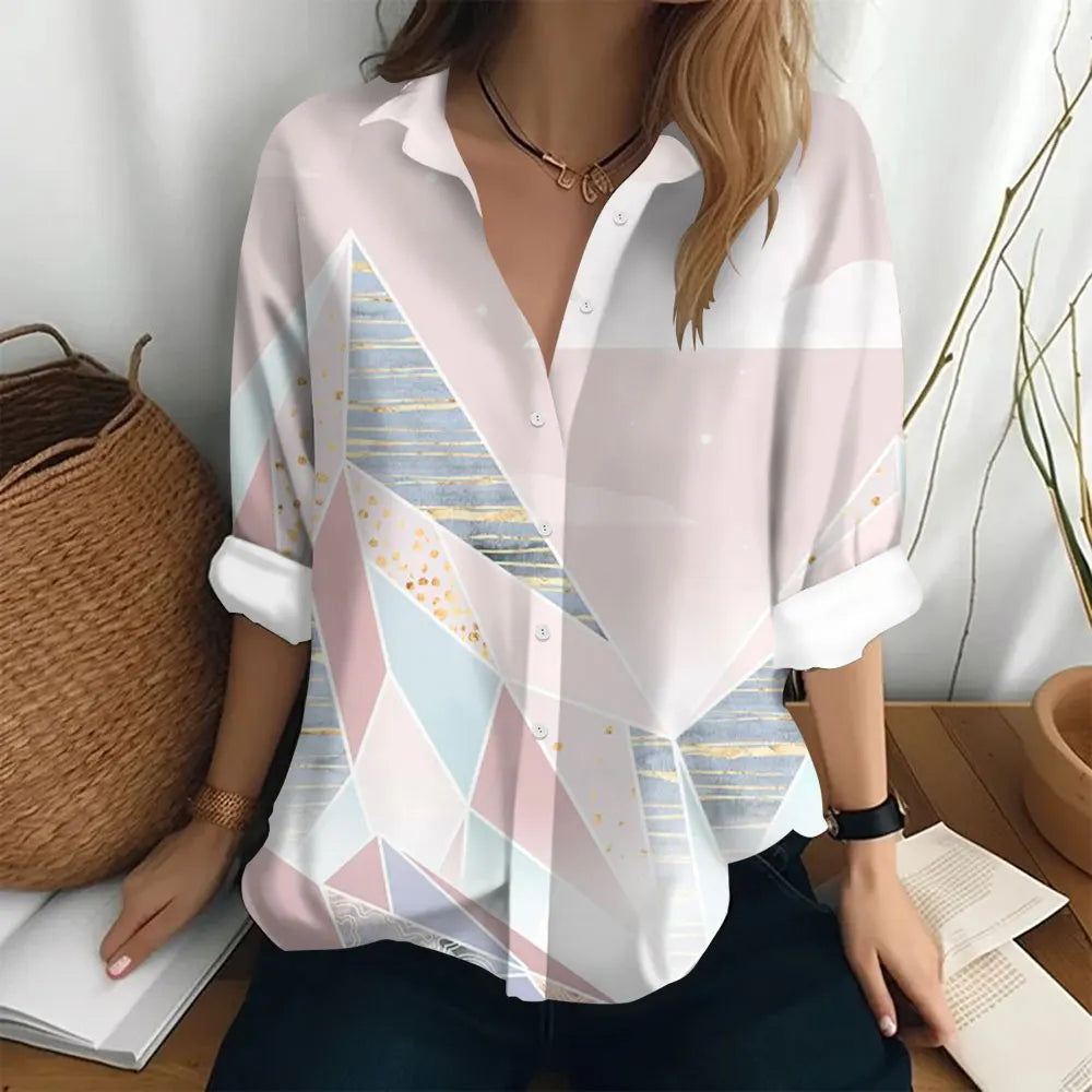 Autumn Women's Shirt Polo Collar Long Sleeve T-shirt Fashion Print Top Fashion Party Trend Women's Shirt Button Casual T-shirt  Amaijoin