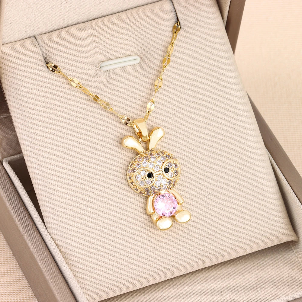 New In Sparkling Sweet Sexy Zircon Crystal Rabbit Pendant Necklaces For Women Trendy Ladies Stainless Steel Neck Chain Jewelry  Amaijoin