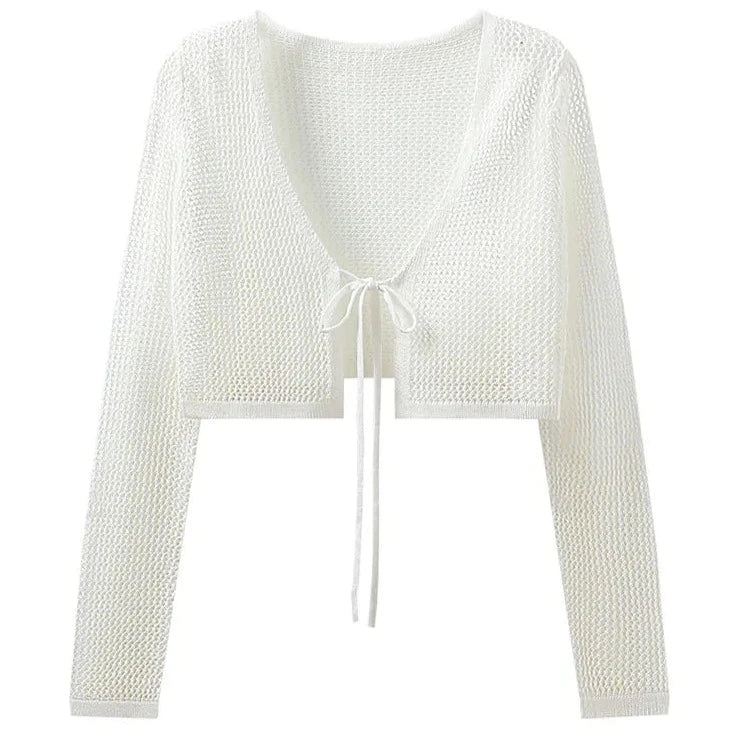 Tie Front Knit Cardigan Y2K Sheer Hollow-Out Long Sleeve Crop Sweater for Women Teen-girl 90s Outfit  Amaijoin