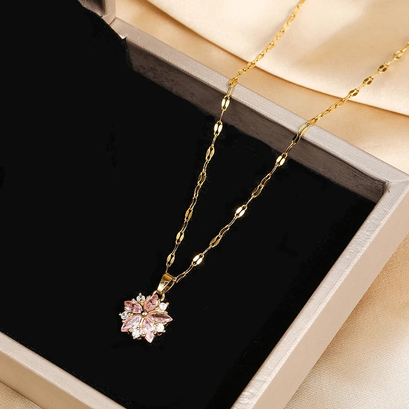 New Cute Romantic Pink Sakura Pendant Stainless Steel Necklaces For Women Korean Fashion Female Sexy Clavicle Chain Jewelry Gift  Amaijoin