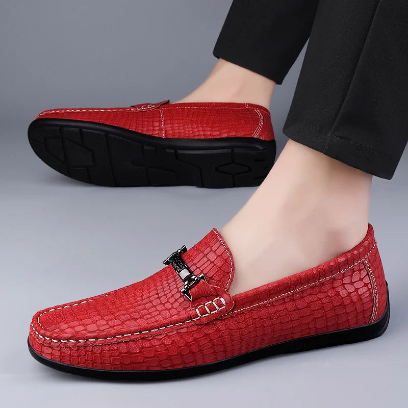 Summer Genuine Leather Men Loafers Breathable Flats Men's Casual Shoes Moccasins Man Lightweight Driving Shoes Red Wedding Shoes  Amaijoin