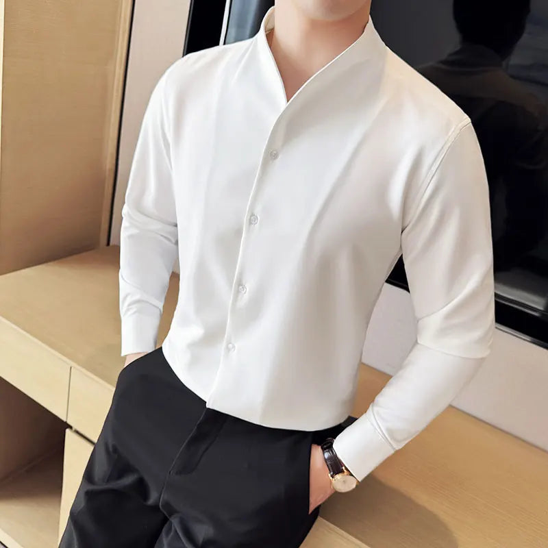 Sexy V-neck Shirt Men's Long Sleeved Casual Shirts Collarless Seamless Business Dress Shirt Social Party Tuxedo Blouse M-4XL  Amaijoin