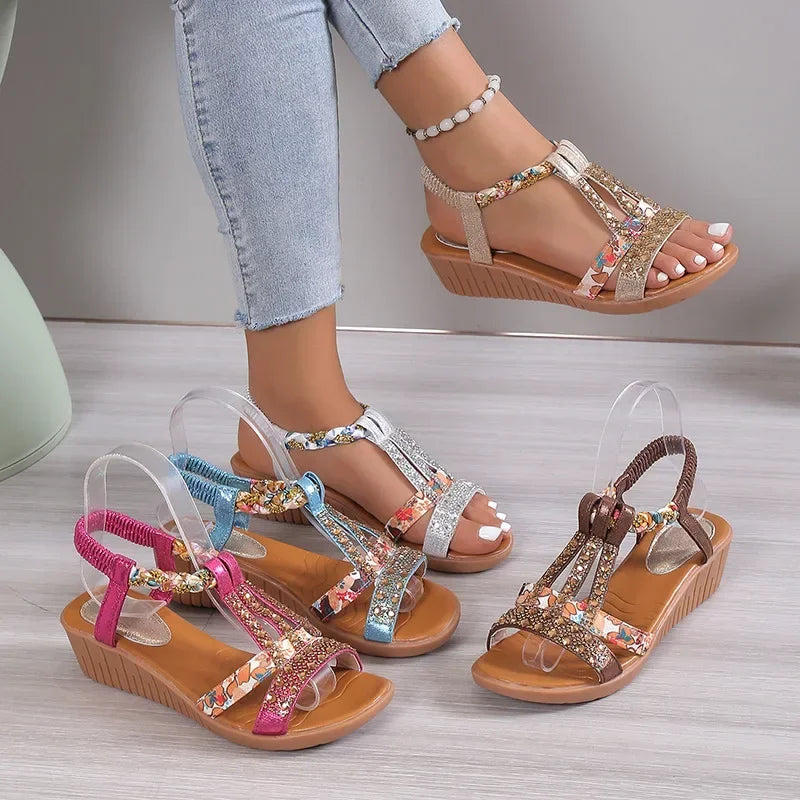 Women Wedge Sandals Summer Bohemia Rhinestones Casual Platform Sandals Female Peep Toe Outdoor Beach Shoes обувь женская летняя  Amaijoin