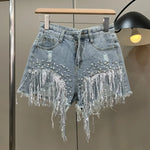 Carregue a imagem no visualizador da Galeria, 2023 Women Spring Summer New Elegant Shorts Lady Tassel Beading High Waist Wide Leg Denim Shorts Female Streetwear Casual Pants  Amaijoin
