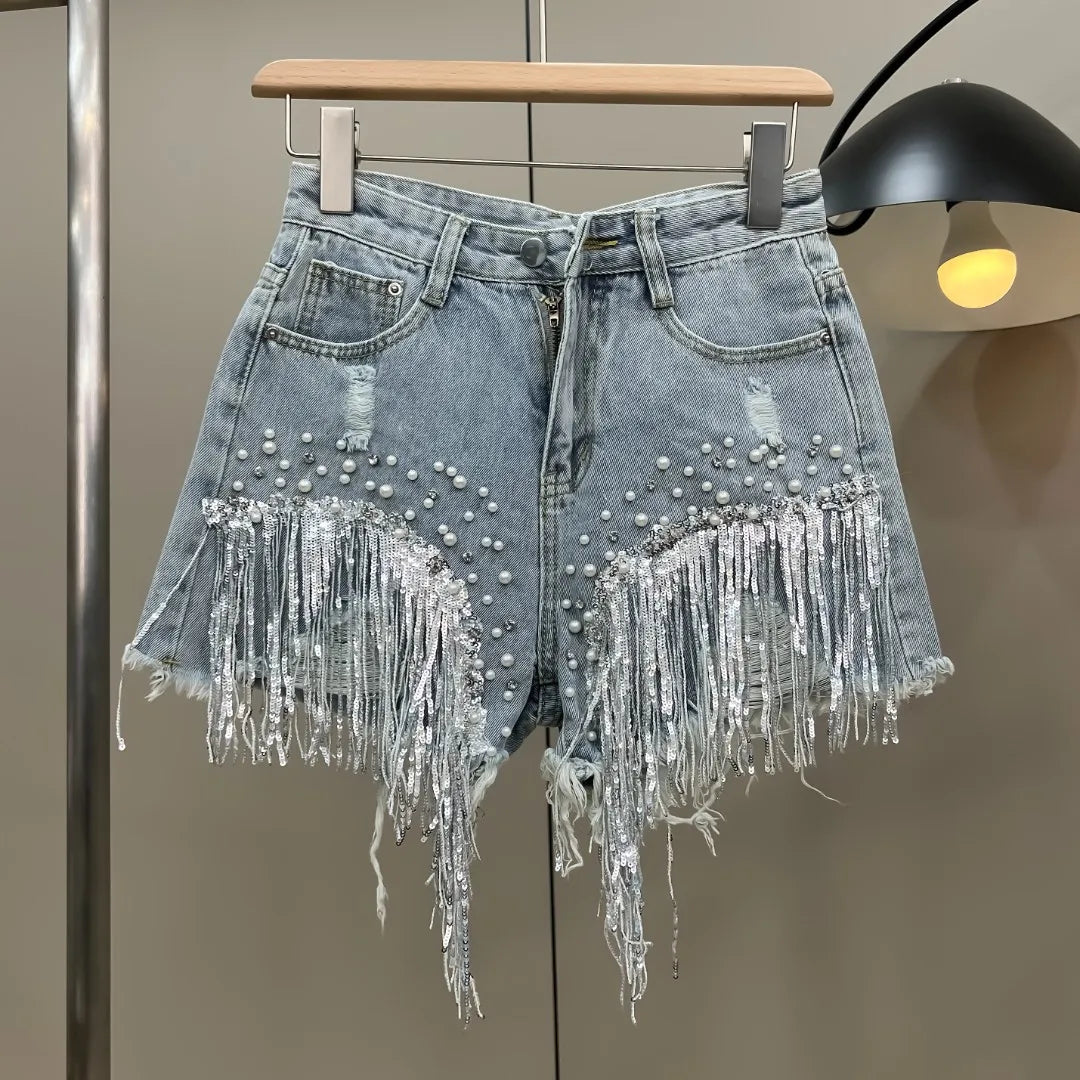 2023 Women Spring Summer New Elegant Shorts Lady Tassel Beading High Waist Wide Leg Denim Shorts Female Streetwear Casual Pants  Amaijoin