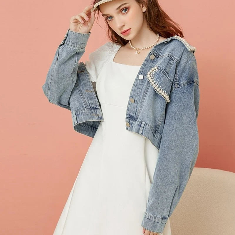 Denim Short Coat Women Lovely Autumn Pearls Buttons Lapel Loose Jacket Korean Fashion Female Casual Light Blue Street Outwear  Amaijoin