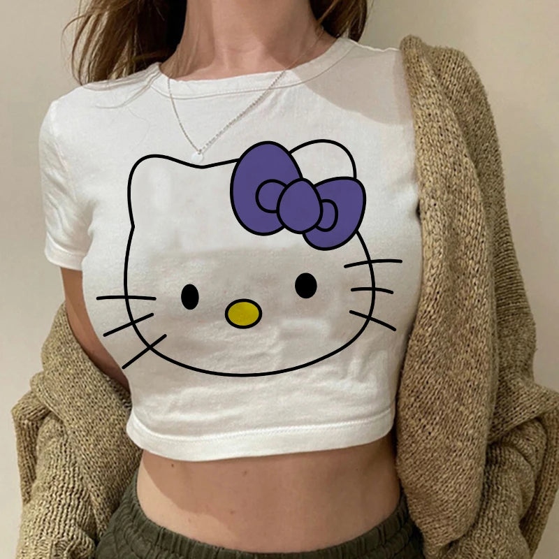 Tshirt Crop Top Hello Kitty T-shirt Kawaii T Shirt Sanrio Anime Cartoon Children Casual Clothes Y2k Cropped Tee Shirt Top  Amaijoin