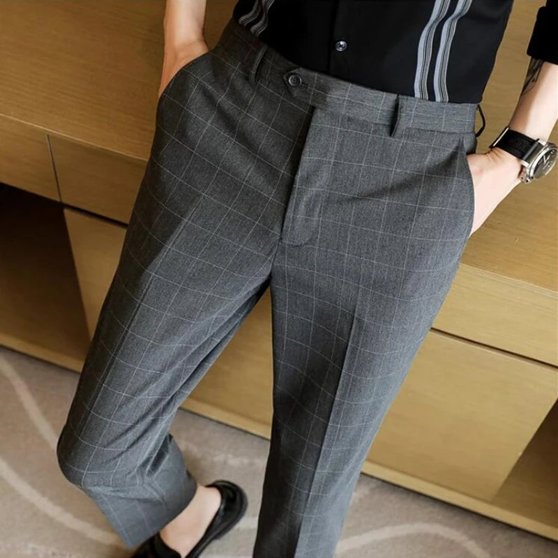 High-quality Belt Design Slim Fit Suit Pants Men Slim Fit Casual Trousers Solid Color Business Dress Pants Wedding Party Costume  Amaijoin